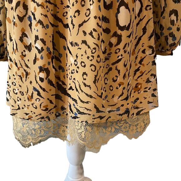 White House Black Market Long Sleeve Beige Animal Print Blouson Dress - Picture 5 of 16